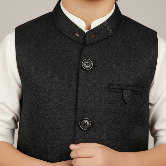 Boys White Kurta Shalwar with Black Waistcoat - Elegant Traditional Outfit 1-4Y