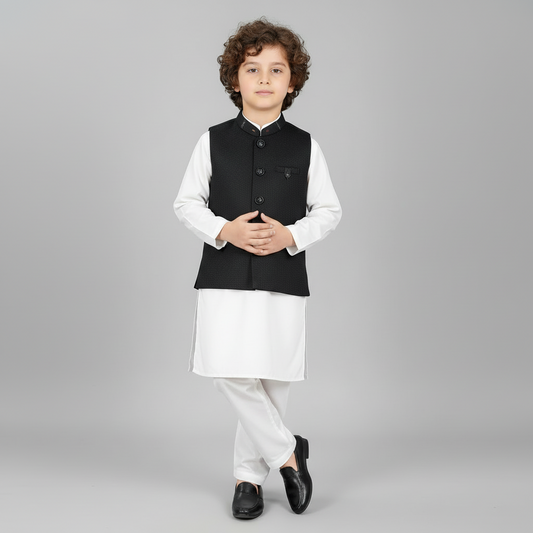 Boys White Kurta Shalwar with Black Waistcoat - Elegant Traditional Outfit 1-4Y