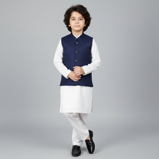 Boys White Kurta Shalwar with Navy Blue Waistcoat - Traditional Outfit 4-7Y