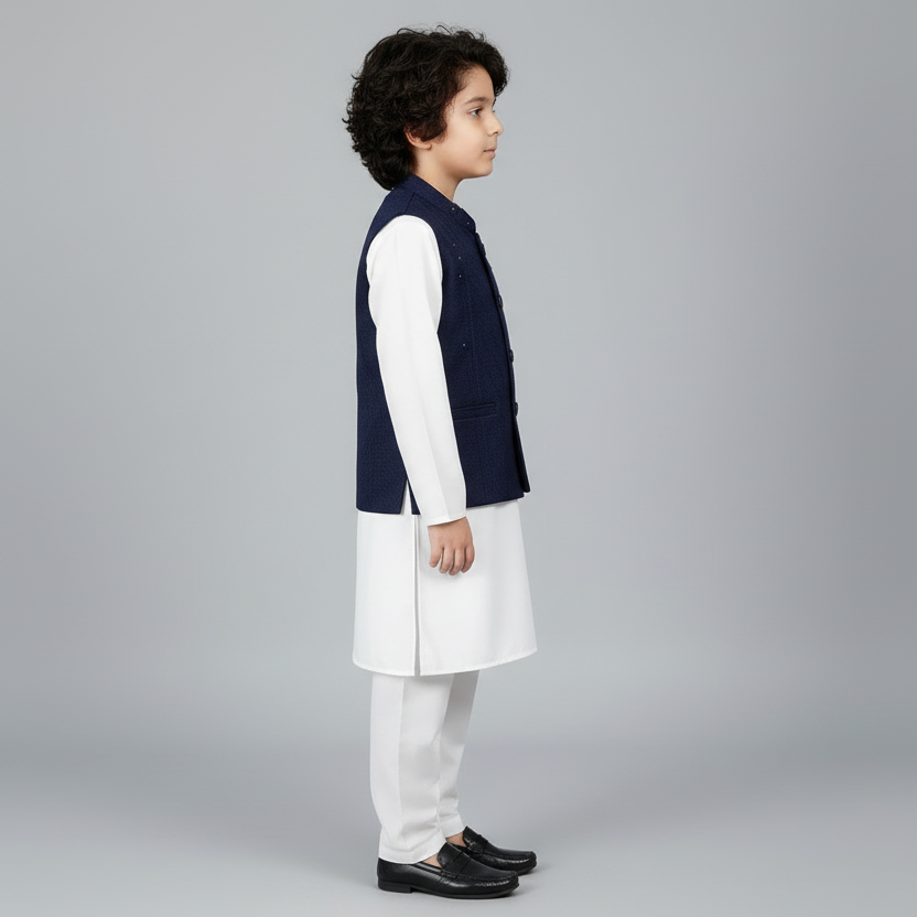 Boys White Kurta Shalwar with Navy Blue Waistcoat - Traditional Outfit 4-7Y