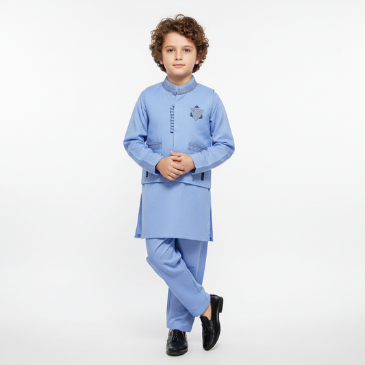 Boys Blue Kurta Shalwar with Waistcoat - Traditional Outfit 1-7Y
