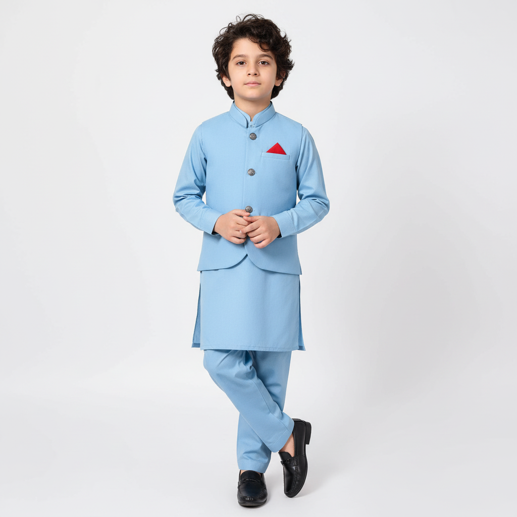 Boys Sky Blue Kurta Shalwar with Plain Waistcoat - Premium 3-Piece Set
