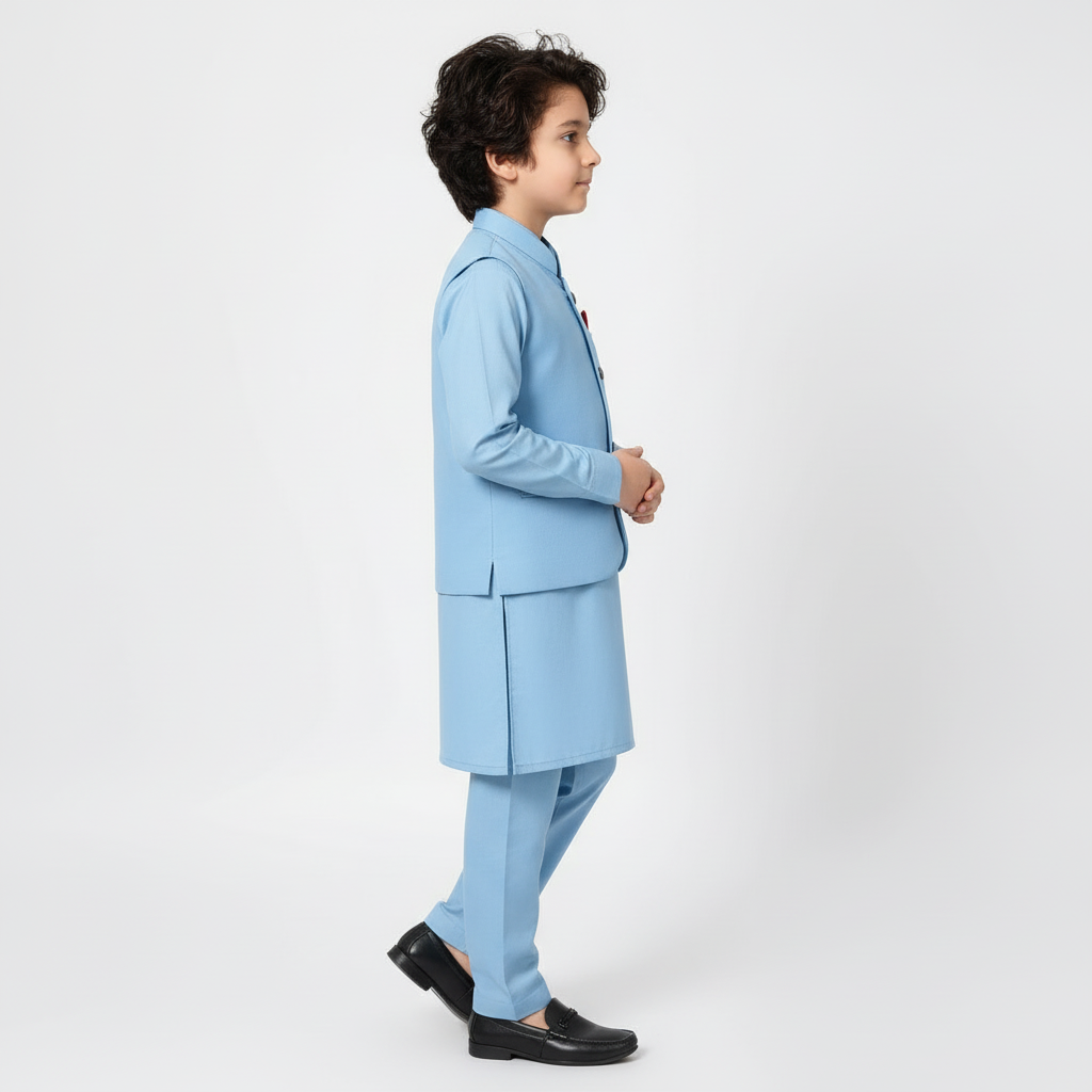 Boys Sky Blue Kurta Shalwar with Plain Waistcoat - Premium 3-Piece Set
