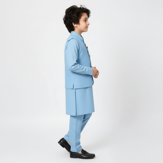 Boys Sky Blue Kurta Shalwar with Plain Waistcoat - Premium 3-Piece Set