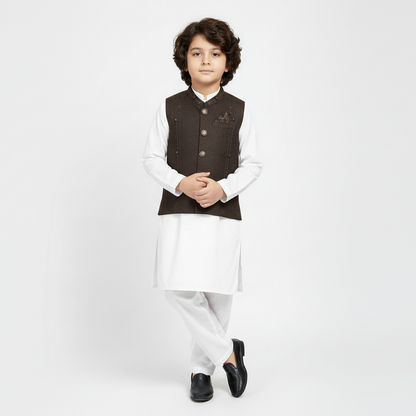 Boys Kurta Shalwar with Chocolate Color Waistcoat - Traditional Outfit 4-7Y