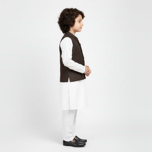 Boys Kurta Shalwar with Chocolate Color Waistcoat - Traditional Outfit 4-7Y
