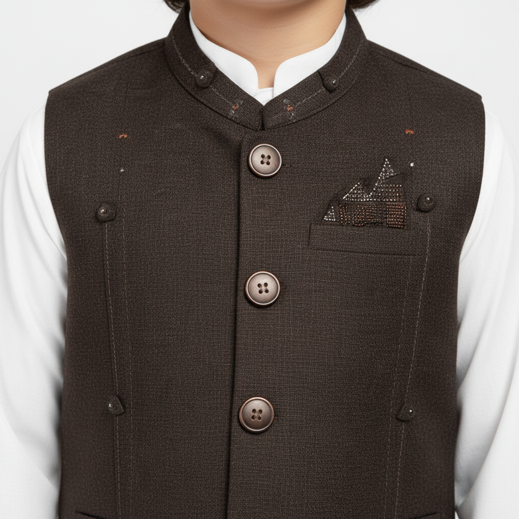 Boys Kurta Shalwar with Chocolate Color Waistcoat - Traditional Outfit 4-7Y