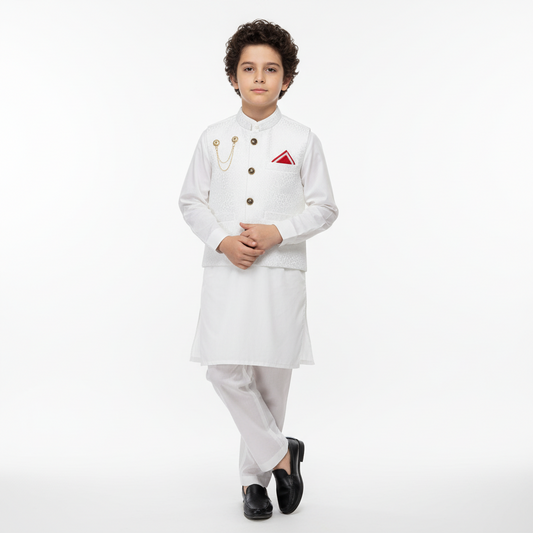Boys Off White Kurta Shalwar with Waistcoat - Traditional Outfit 4-7Y
