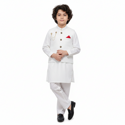 Boys White Kurta Shalwar with Waistcoat - Traditional Outfit 4-7Y