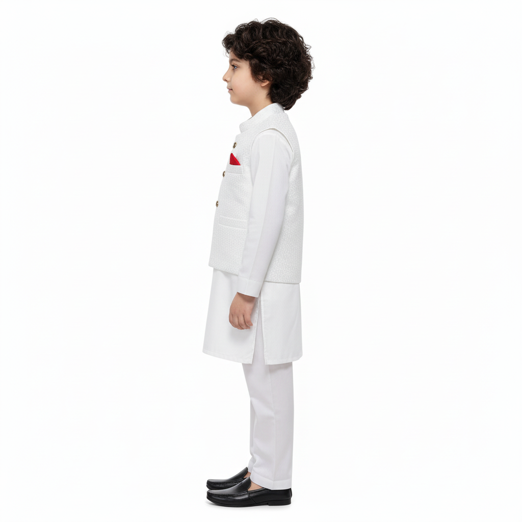 Boys White Kurta Shalwar with Waistcoat - Traditional Outfit 4-7Y