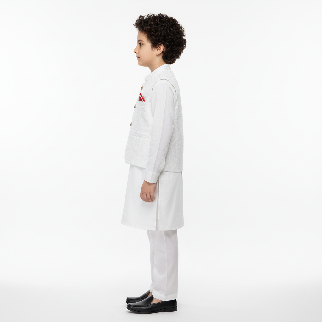 Boys Off White Kurta Shalwar with Waistcoat - Traditional Outfit 4-7Y