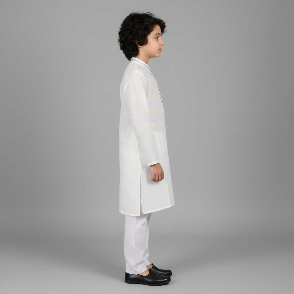 Boys Striped White Kurta Shalwar Law Cotton - Traditional Outfit 1-4Y