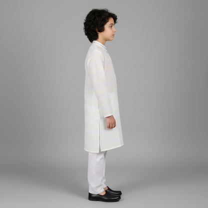 Boys Striped White Kurta Shalwar Law Cotton - Traditional Outfit 1-4Y