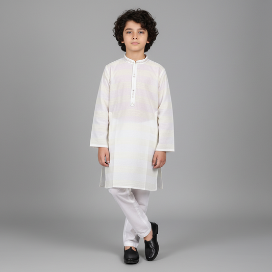 Boys Striped White Kurta Shalwar Law Cotton - Traditional Outfit 1-4Y