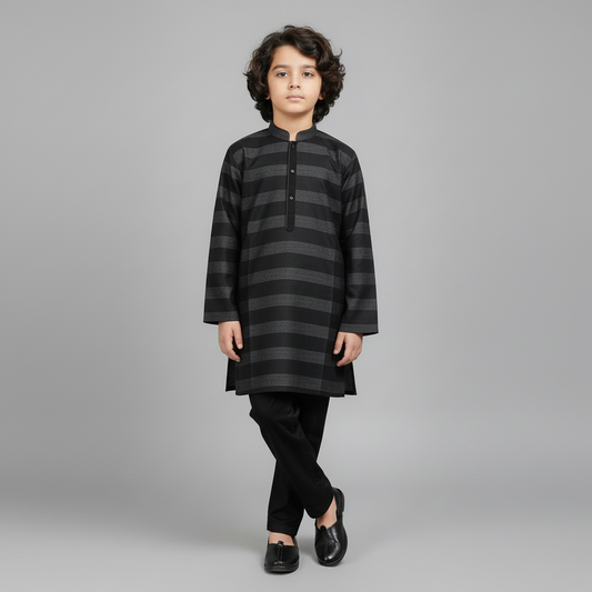 Boys Striped Black Kurta Shalwar Lawn Cotton - Traditional Outfit 1-7Y
