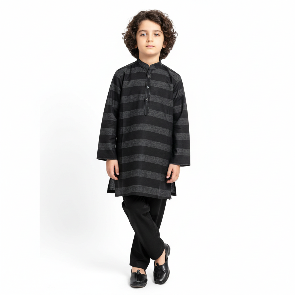 Boys Striped Black Kurta Shalwar Lawn Cotton - Traditional Outfit 1-7Y