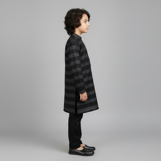 Boys Striped Black Kurta Shalwar Lawn Cotton - Traditional Outfit 1-7Y