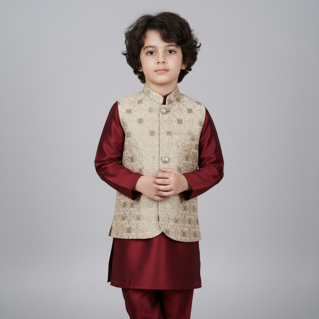 Boys Premium Golden Waistcoat Only - Elegant Party Wear 1-4Y