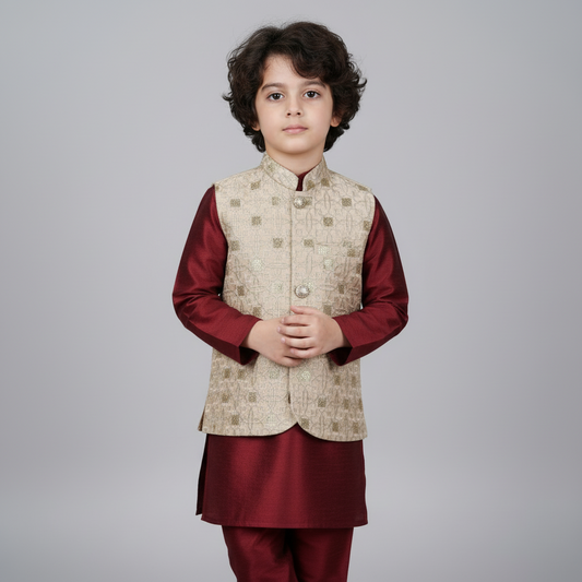 Boys Premium Golden Waistcoat Only - Elegant Party Wear 1-4Y