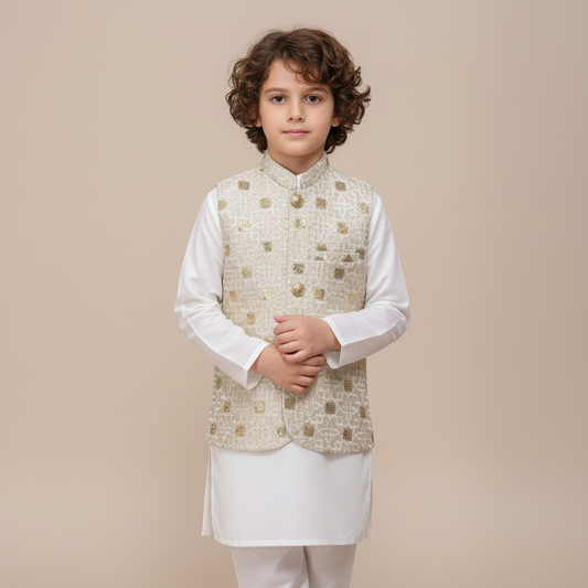 Boys Premium Waistcoat Only - Cream Colour Party Wear 1-4Y