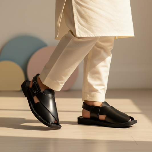 Black Peshawari chappal for kids soft sole traditional footwear