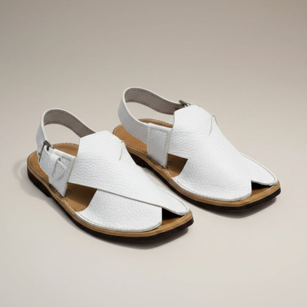 Kids White Peshawari Chappal Textured Design - Handmade Traditional Sandals