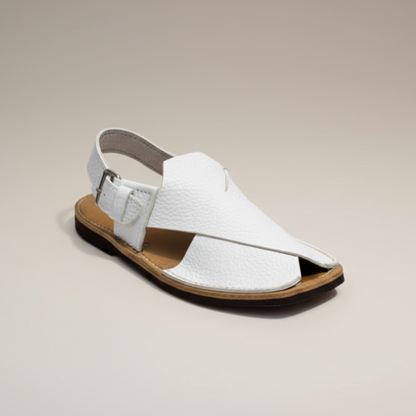 Kids White Peshawari Chappal Textured Design - Handmade Traditional Sandals