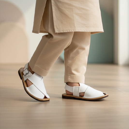 Kids White Peshawari Chappal Textured Design - Handmade Traditional Sandals