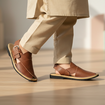 Kids Brown Peshawari Chappal Textured Design - Handmade Traditional Sandals