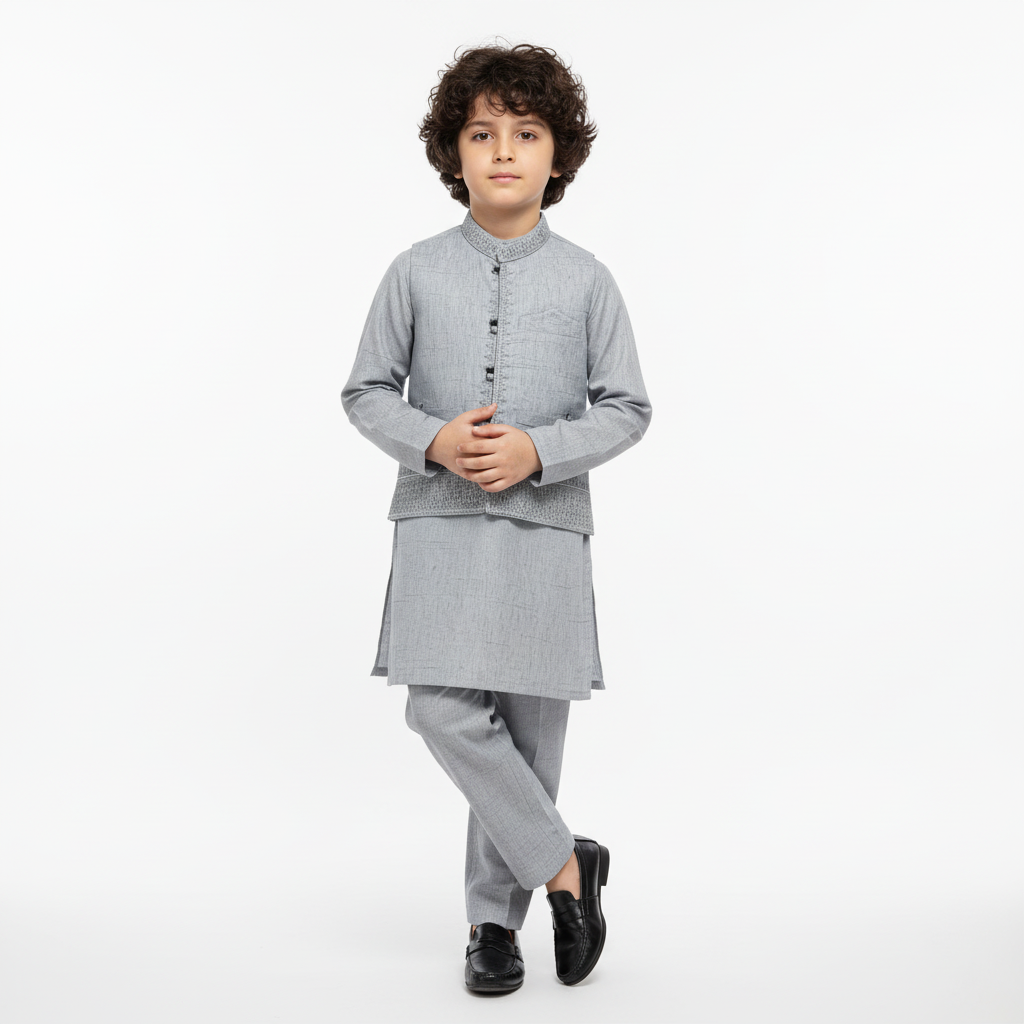 Boys Gray Kurta Shalwar with Embroidery Waistcoat - Premium 3-Piece Set