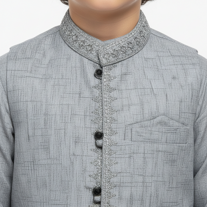 Boys Gray Kurta Shalwar with Embroidery Waistcoat - Premium 3-Piece Set