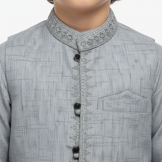 Boys Gray Kurta Shalwar with Embroidery Waistcoat - Premium 3-Piece Set