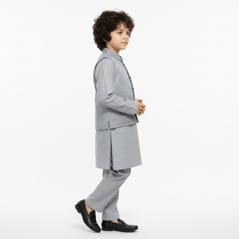 Boys Gray Kurta Shalwar with Embroidery Waistcoat - Premium 3-Piece Set