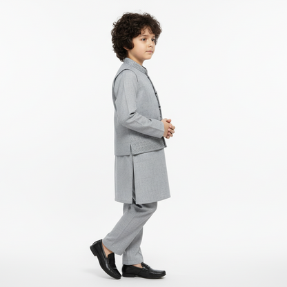 Boys Gray Kurta Shalwar with Embroidery Waistcoat - Premium 3-Piece Set