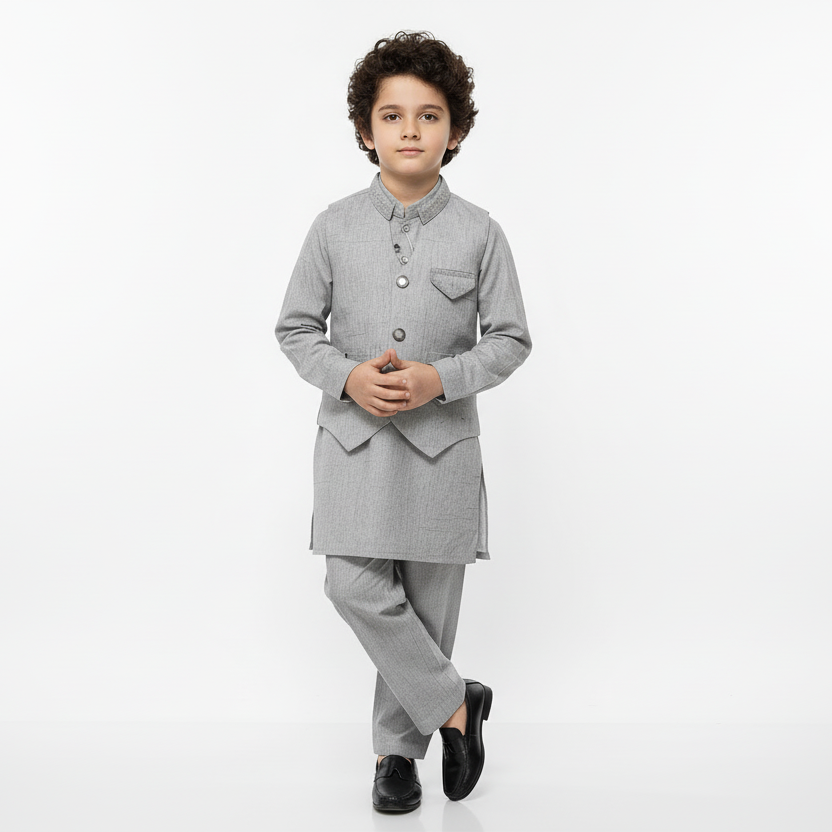 Boys Gray Kurta Shalwar with Design Waistcoat - 1-4 Years