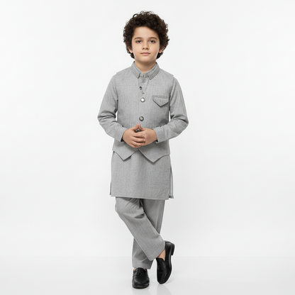 Boys Gray Kurta Shalwar with Design Waistcoat - 1-4 Years