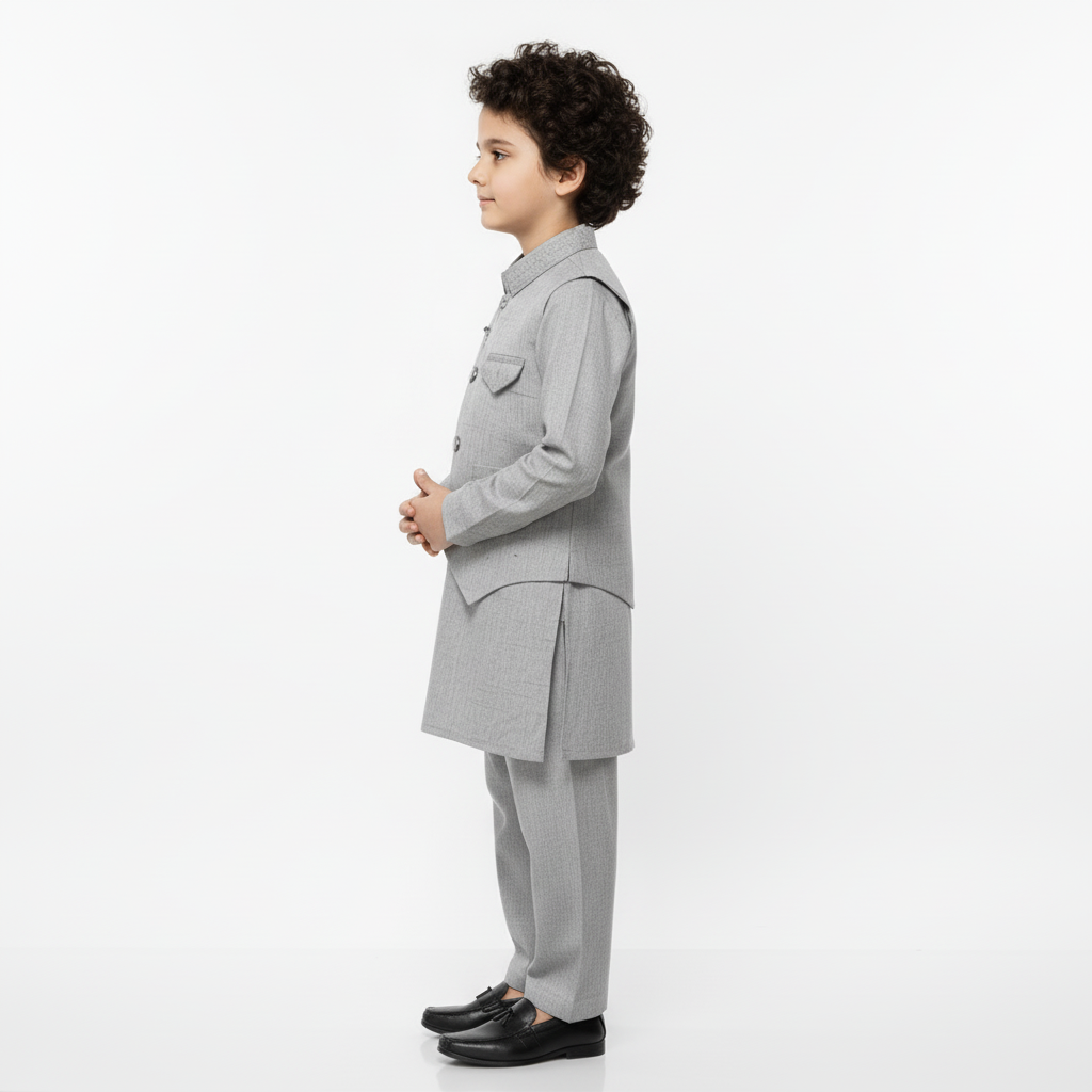 Boys Gray Kurta Shalwar with Design Waistcoat - 1-4 Years