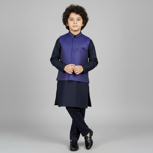 Boys Black Kurta Shalwar with Blue Waistcoat - Premium 3-Piece Set