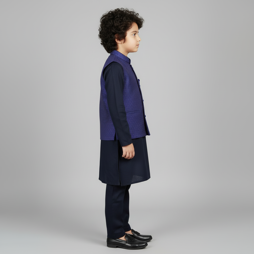Boys Black Kurta Shalwar with Blue Waistcoat - Premium 3-Piece Set