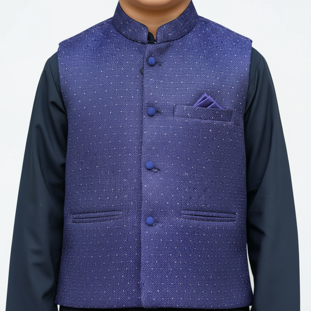 Boys Black Kurta Shalwar with Blue Waistcoat - Premium 3-Piece Set