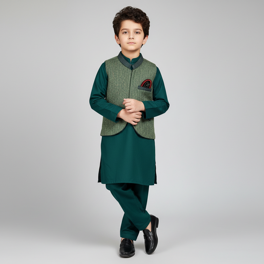 Boys Green Kurta Shalwar with Waistcoat - Premium 3-Piece Set
