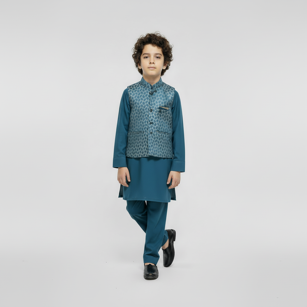 Boys Blue Kurta Shalwar with Waistcoat - Premium 3-Piece Set