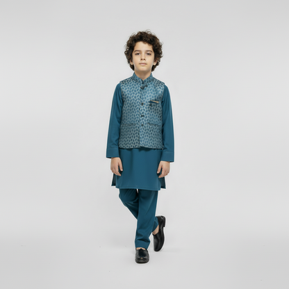Boys Blue Kurta Shalwar with Waistcoat - Premium 3-Piece Set