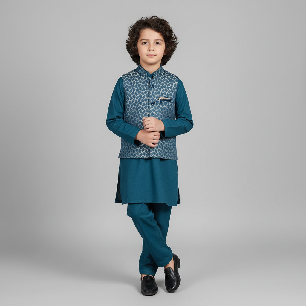 Boys Blue Kurta Shalwar with Waistcoat - Premium 3-Piece Set