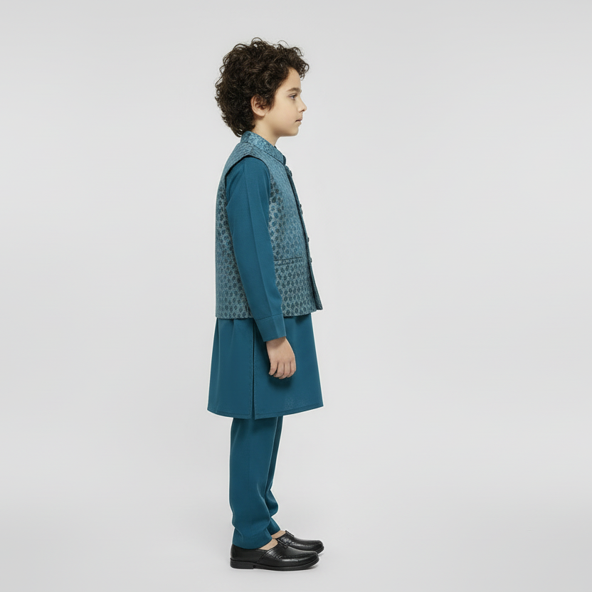 Boys Blue Kurta Shalwar with Waistcoat - Premium 3-Piece Set