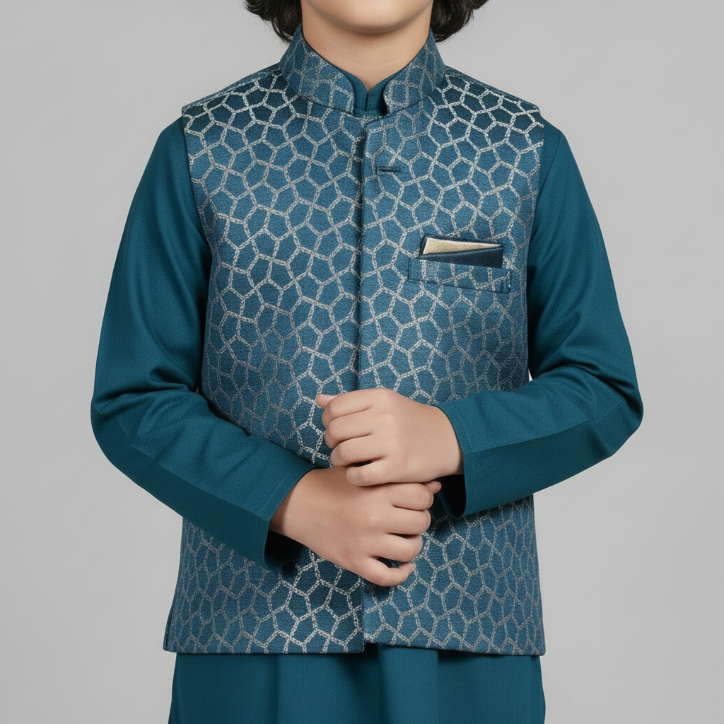 Boys Blue Kurta Shalwar with Waistcoat - Premium 3-Piece Set