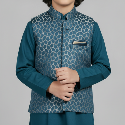 Boys Blue Kurta Shalwar with Waistcoat - Premium 3-Piece Set