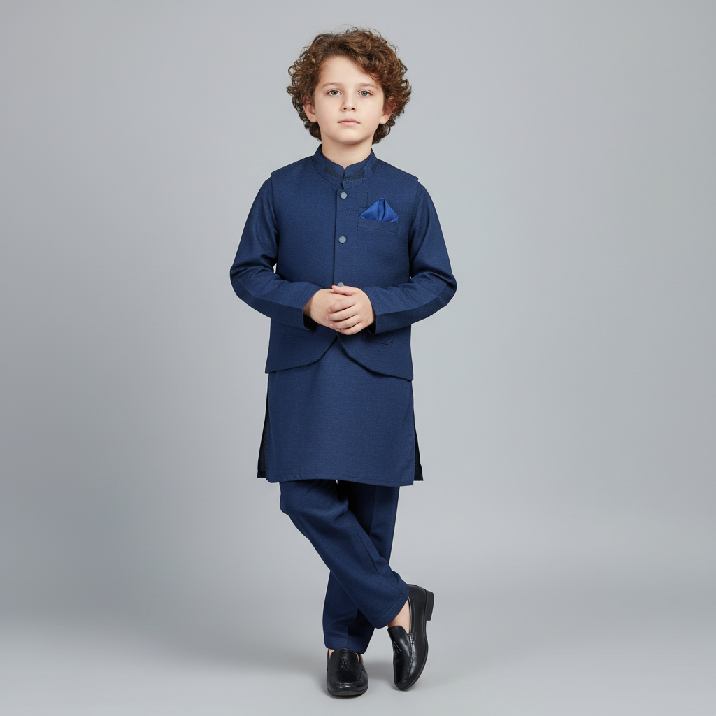 Boys Blue Kurta Shalwar with Waistcoat - 1-4 Years