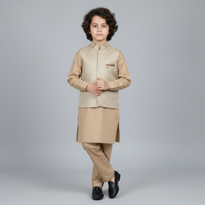 Boys Beige Kurta Shalwar with Waistcoat - Premium 3-Piece Set