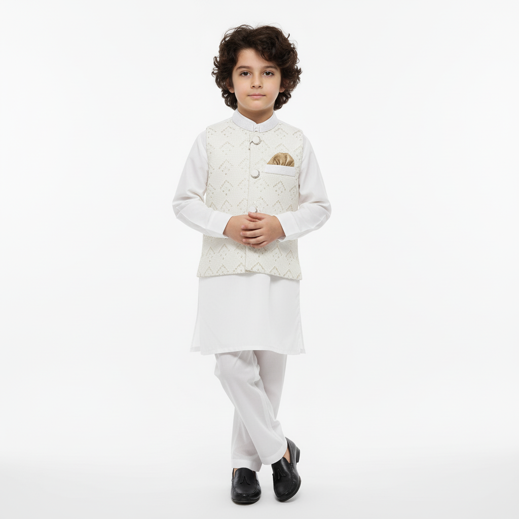 Boys White Kurta Shalwar with Embroidery Waistcoat - Premium 3-Piece Set